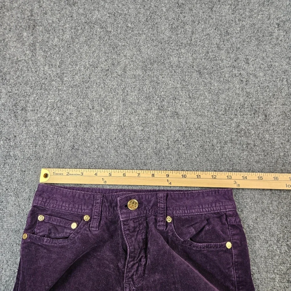 Tory Burch Super Skinny Corduroy Pants Purple Plum Gold Logo Size 25